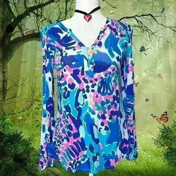 Lilly Pulitzer Lilias Tunic Multi Hit The Spot Long Sleeve Blouse SIZE XXS - Picture 1 of 10